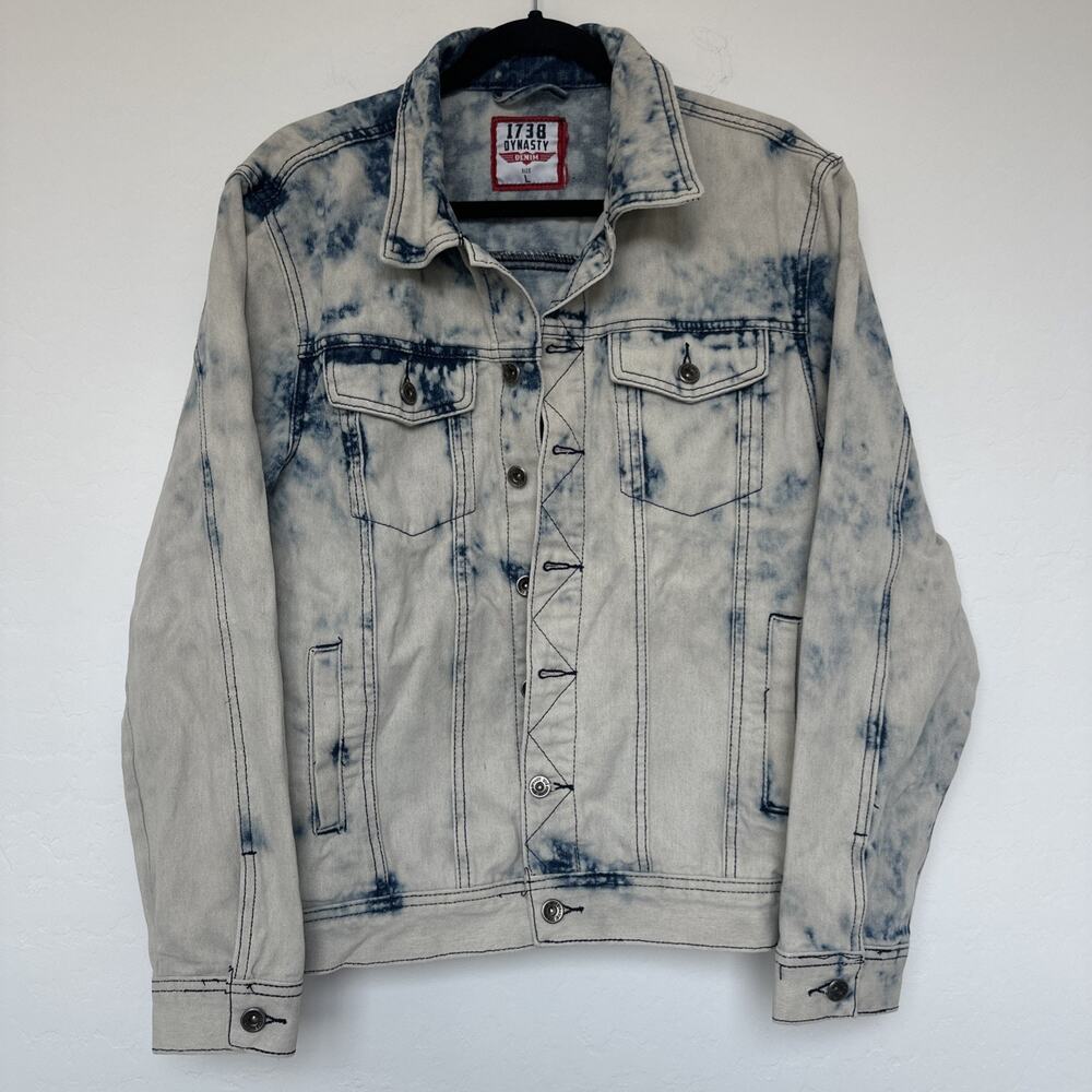 1738 Dynasty Moto Acid Washed Trucker Chore Denim Jacket Mens Large Tie Dye